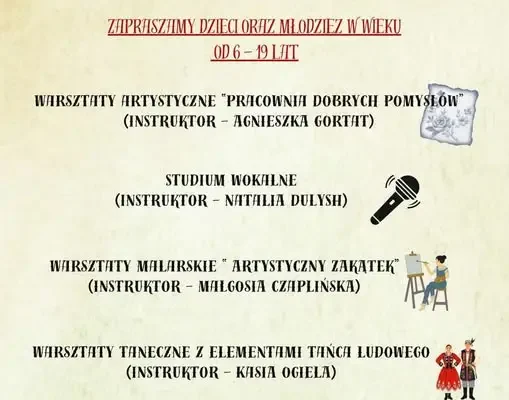 MDK Pieniężno zaprasza na bezpłatne zajęcia artystyczne dla dzieci i młodzieży