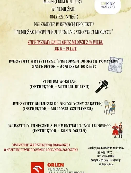 MDK Pieniężno zaprasza na bezpłatne zajęcia artystyczne dla dzieci i młodzieży