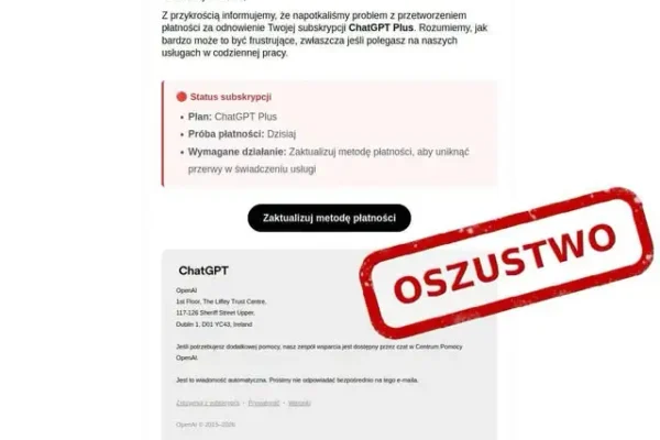 CERT Polska ostrzega: fałszywe maile o opłacie za ChatGPT to phishing