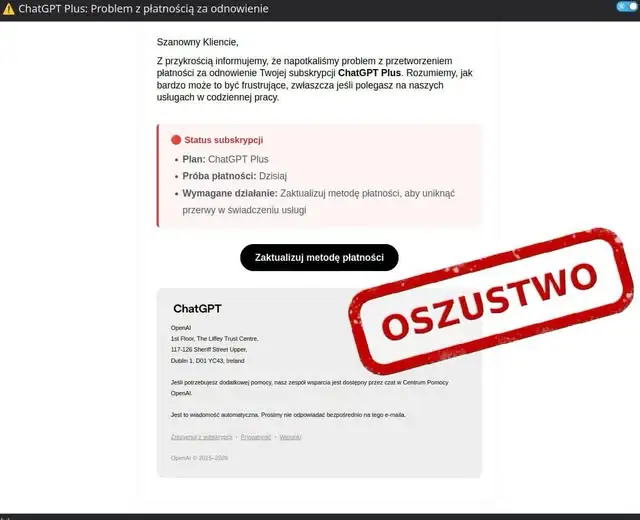 CERT Polska ostrzega: fałszywe maile o opłacie za ChatGPT to phishing