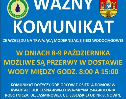 Frombork: przerwy w dostawie wody na kilku ulicach 8-9 października