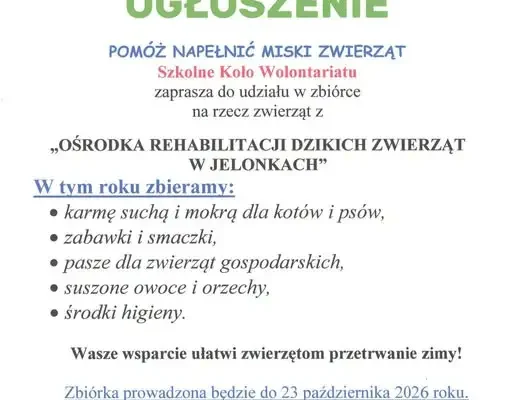 Szkolna zbiórka na rzecz dzikich zwierząt z Ośrodka w Jelonkach