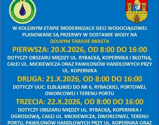 Przerwy w dostawie wody we Fromborku – 20-22 października