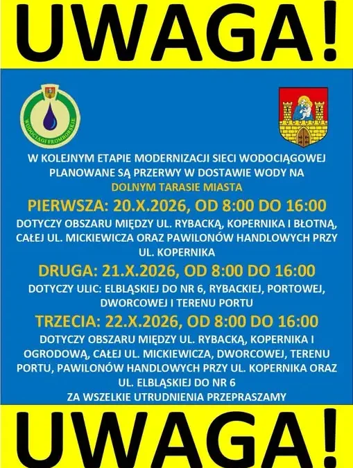 Przerwy w dostawie wody we Fromborku – 20-22 października