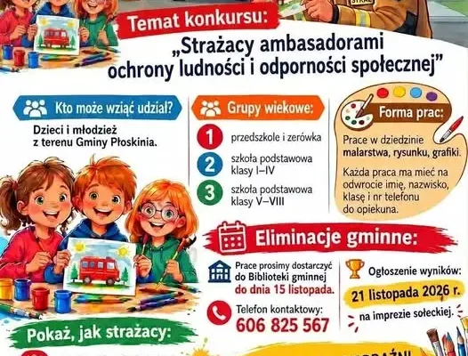 Konkurs plastyczny dla dzieci z gminy Płoskinia: „Strażacy ambasadorami ochrony ludności”