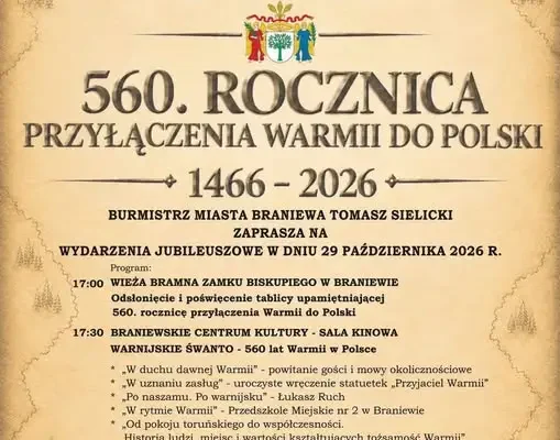 Braniewo świętuje 560-lecie przyłączenia Warmii do Polski – program obchodów