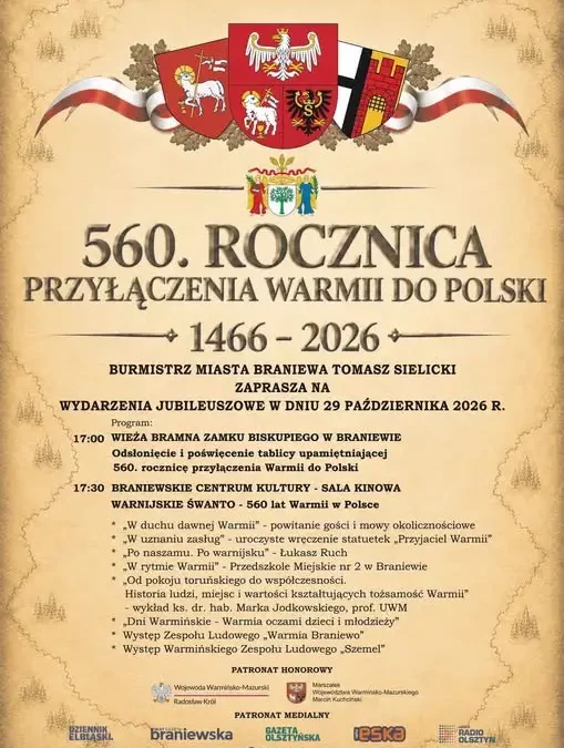 Braniewo świętuje 560-lecie przyłączenia Warmii do Polski – program obchodów