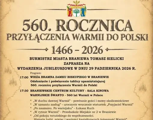Braniewo świętuje 560 lat Warmii w Polsce – uroczystości 29 października