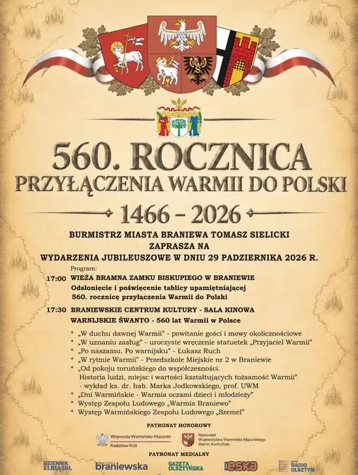 Braniewo świętuje 560 lat Warmii w Polsce – uroczystości 29 października