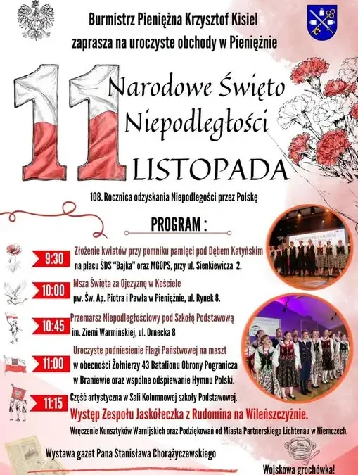 Pieniężno zaprasza na obchody Narodowego Święta Niepodległości 11 listopada